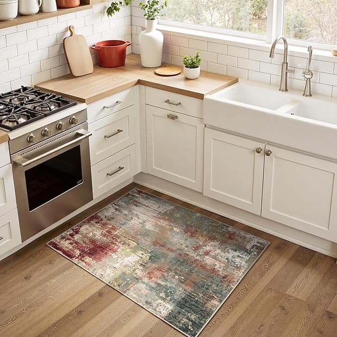 Washable Area Rugs 3'x5' Non-Slip Modern Abstract Soft for Living Room Entryway Bedroom Nursery, Print Pattern, Brown Rust Red Multi