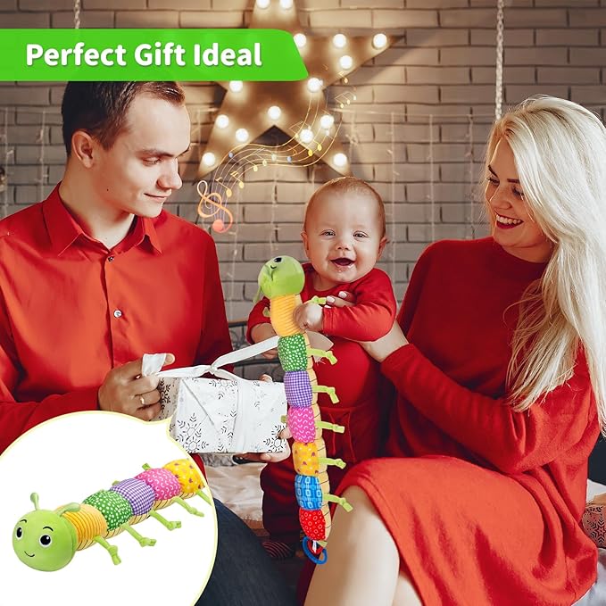 Baby Toys, Musical Plush Stuffed Toy for Newborn 0-3 0-6 3-6 6-12 Months Old, Animal Soft Rattle Sensory Toys with Teether for Tummy Time, Infant Boy& Girl Easter Gifts, Caterpillar