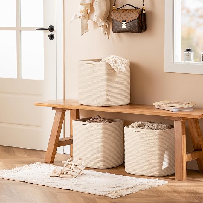 joybest Cube Storage Bins Set of 4, 13inch Cube Baskets Organizer for Nursery, Square Cotton Rope Baskets for Shelves Organizing, Kids Toy, Closet Storage, Beige
