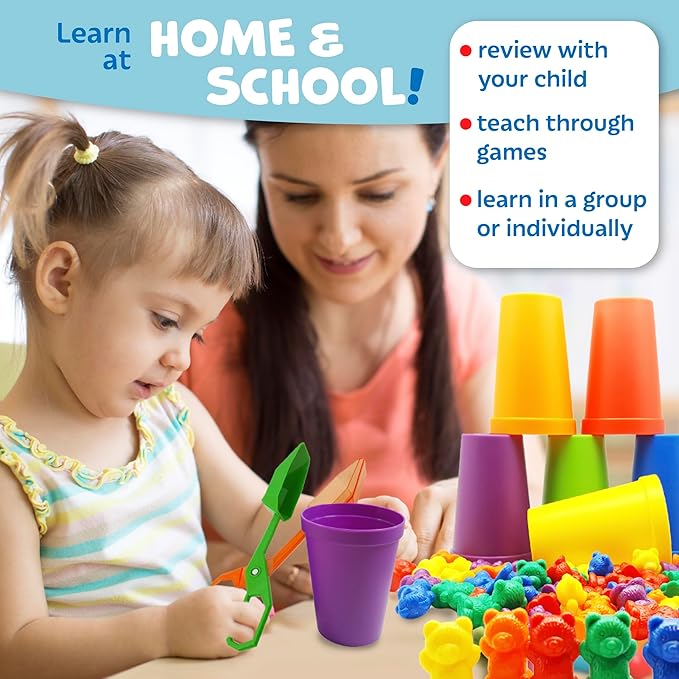 Skoolzy Rainbow Counting Bears, Rainbow Tongs & Sorting Cups - 74 Pcs Color Sorting Toys - Teddy Bear Math Manipulatives for Toddlers 36+ Months for Preschool Kindergarten