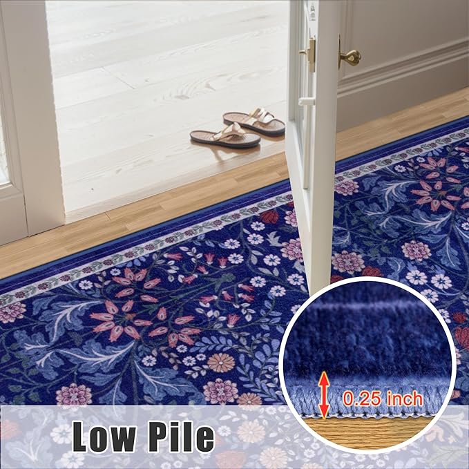 Entryway Rug 2X3 Small Rugs: Floral Washable Door Mat Vintage Soft Low Pile Non-Slip Kitchen Rugs Stain Resistant Indoor Throw Rug for Entrance, Bedroom, Kitchen, Laundry, Bathroom Blue
