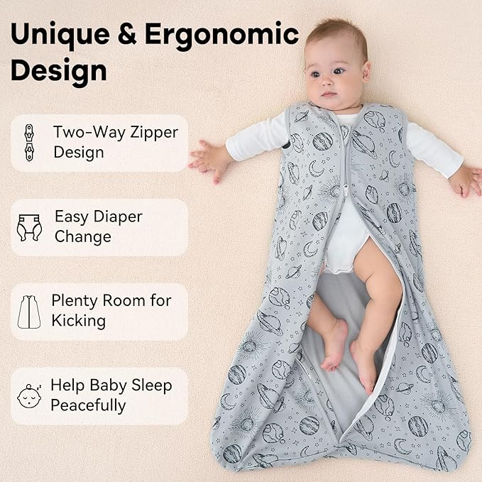 Baby Sleep Sack 18-24 Months 3 Pack 100% Cotton Lightweight 0.5 TOG Wearable Blanket Baby Sleep Bag with 2-Way Zipper for Newborn Infant White Gray Blue Space