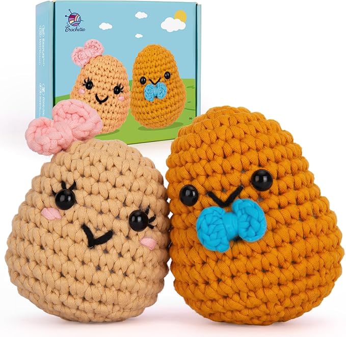 Crochetta Crochet Kit for Beginners, Learn to Crochet Kits for Adults Kids, Jumbo Potato Couple, Includes Yarn, Hooks, Stuffing, Pattern, Video Tutorials