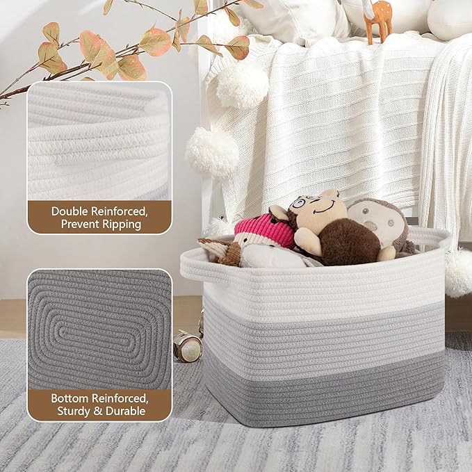 Storage Basket for Organizing, Woven Baskets for Storage, Rectangle Decorative Baskets for Shleves, Closet, Toys, Books, Nursery Organizer Bins - Pack of 3 (Gradient Gray)