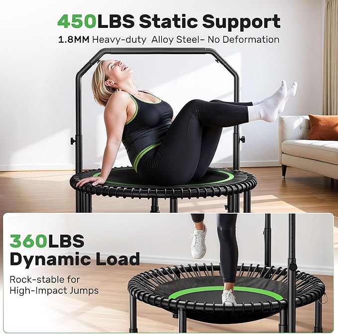 BCAN 40"/48" Mini Rebounder Trampoline for Adults with Bar, 450/550LBS Fitness Trampoline with Bungees, Adjustable Handle, Stable & Quiet, Indoor Outdoor, Whole-Body Workout & Relaxation at Home