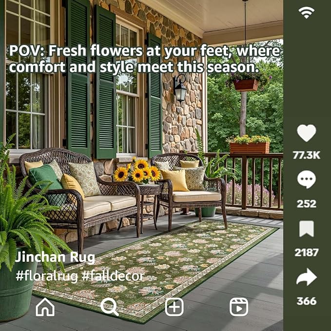 jinchan 3x8 Floral Runner Rug for Hallway Washable Kitchen Runner Vintage Romance Design Non Slip Thin Indoor Floor Cover Low-Profile Throw Carpet for Entryway Bathroom Bedroom Porch, Green