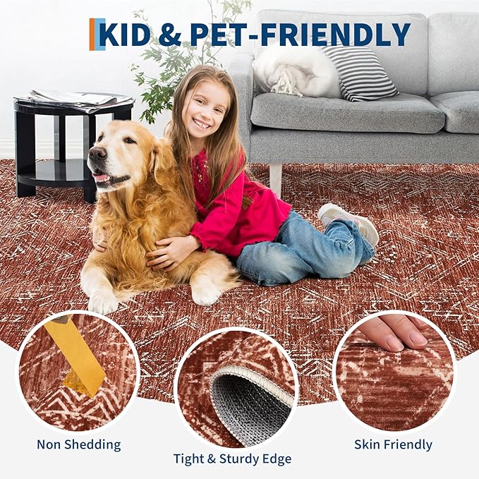 COZYLOOM 6x9 Washable Rug Modern Indoor Area Rug for Living Room or Bedroom Softness Foldable Mat for Easy Storage Abstract Geometric Design Non Slip Rug Low Pile Stain Resistant Carpet, Brick Red