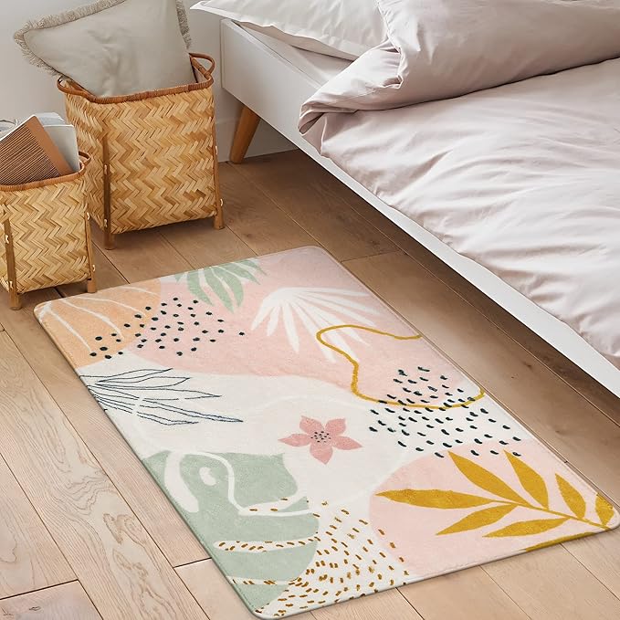 Lahome Pink Washable Entryway Rugs Indoor - 2x3 Small Non-Slip Kitchen Rug Soft Throw Rugs for Bedroom Girls Boho Botanical Print Floor Doormat Carpet for Bathroom Laundry Room Living Room Kids Room