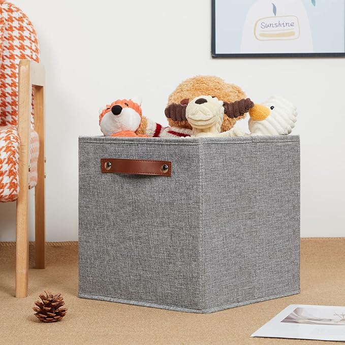 HNZIGE Shelf Storage Cubes Bins for Organizing, Set of 4, Cabby Fabric Cube 11x11 Closet Organizer with Handles (Gray)