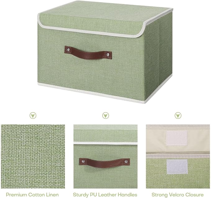 ANMINY 4PCS Storage Bins with Lid PU Leather Handles Storage Boxes PP Plastic Board Decorative Foldable Lidded Cotton Linen Fabric Home Cubes Baskets Closet Organizer Containers - Green, Large Size