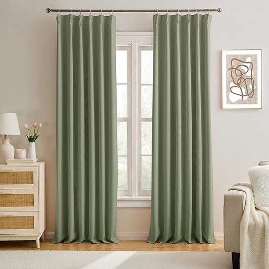KEQIAOSUOCAI Pinch Pleated Curtains Blakcout 108 Inches Long 9 FT Length, Darkening Bedroom Curtains Thermal Insulated Window Treatment Panels Blackout Drapes for Living Room(40 x 108,Sage Green)
