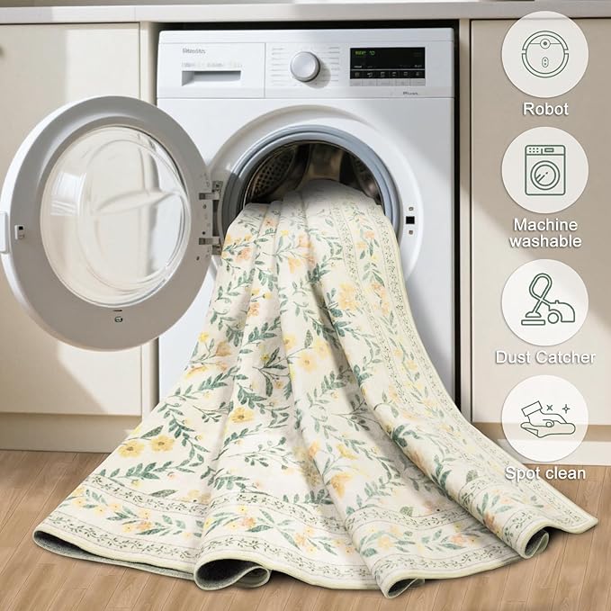 Runner Rug for Entryway: 2x10 Kitchen Rugs Non Slip Washable Ultra-Thin Soft Floral Carpet Indoor Floor Stain Resistant Carpets for Hallway Bedroom Kitchen Laundry Bathroom Dorm Beige/Multi