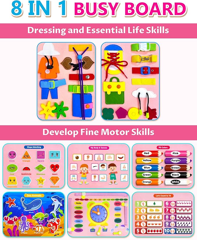 Exorany Busy Board Montessori Toys for Toddler Girl & Boy Birthday Gifts, Busy Book Learning Sensory Toys for Toddlers, Toddler Travel Toy Educational Activities Learn Fine Motor Skills