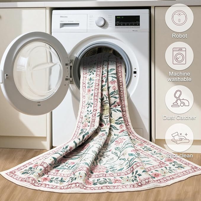 8x10 Area Rugs for Living Room: Floral Washable Rug Vintage Large Soft Boho Non-Slip Carpet Indoor Stain Resistant Low Pile Carpets for Bedroom Dining Room Farmhouse Nursery Home Office Pink Green