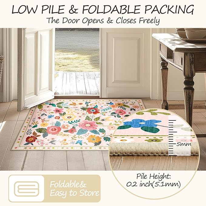 Floral 2x3 Area Rug Machine Washable Soft Print Boho Carpet Non Slip Doormat Low Pile Flower Area Rugs for Living Room Bedroom Nursery Kitchen Dining Room Indoor-Pink
