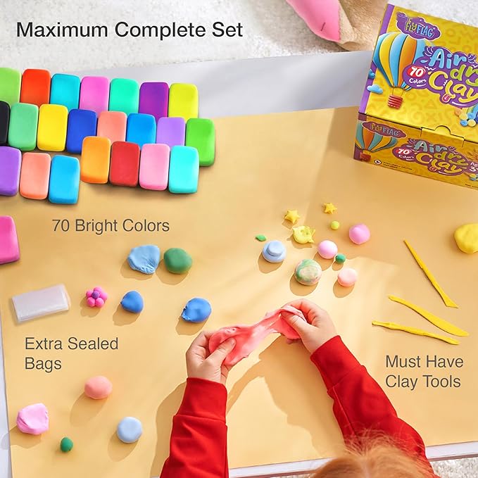 FlyFlag Air Dry Clay - 70 Colors, Ultra Light and Soft, Non-Toxic Modeling Clay for Kids with Tools and Tutorials, for Creative Play and Learning