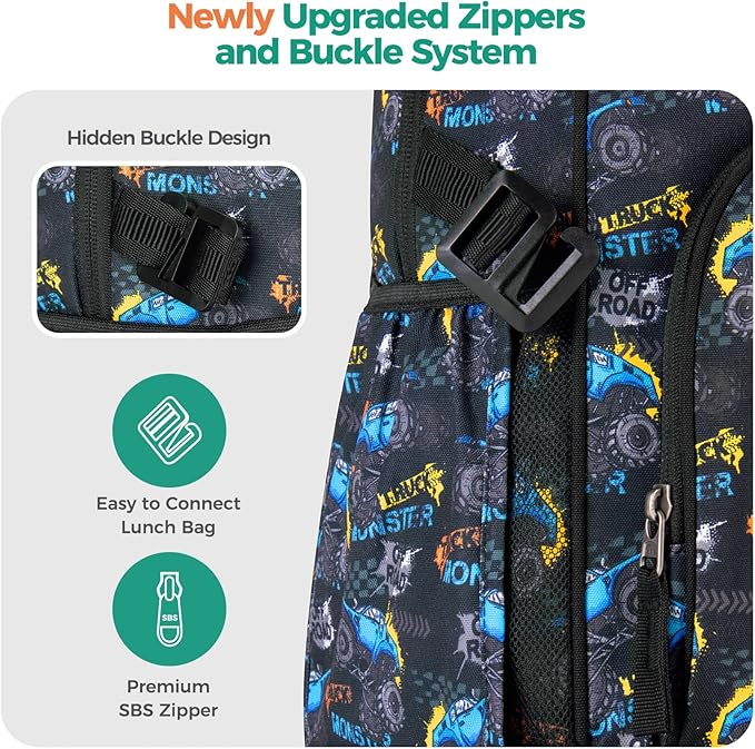 Choco Mocha Truck Backpack for Boys, Kindergarten Backpacks for Boys Backpack Ages 6-8, Boy Elementary School Bookbag 17 Inch, Black