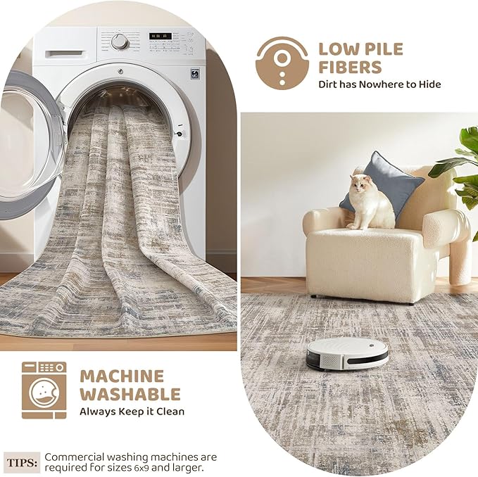 Area Rug for Living Room: 12x15 Washable Neutral Abstract Modern Soft Rugs Non Slip Indoor Floor Stain Resistant Large Carpet for Bedroom Dining Room Office Nursery - Brown