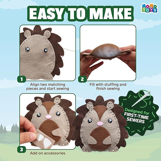 MOMOTOYS Woodland Animals Beginner Sewing Kit for Kids Ages 7+ – Includes 9 Kids Sewing Projects w/Tools & Art Supplies – DIY Felt Crafts for Girls & Boys – Craft Gift for 8, 9, 10, 11, 12 Year Old