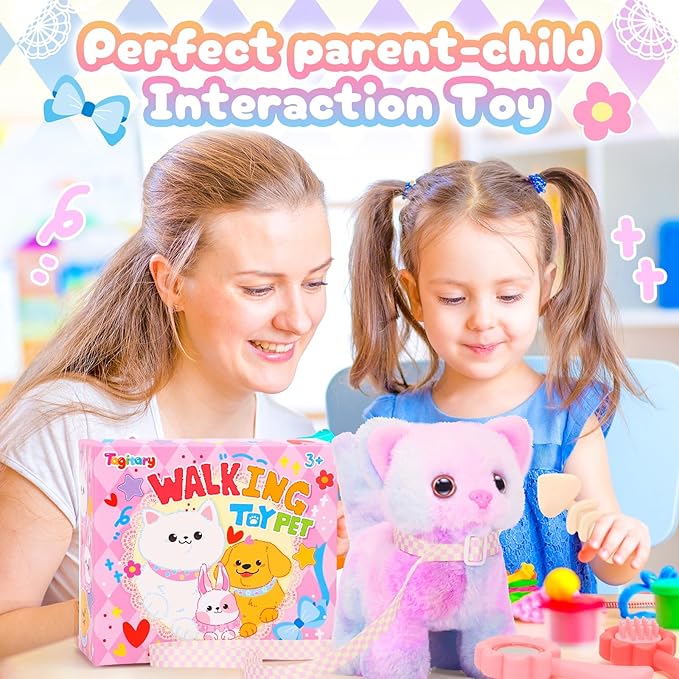 Tagitary Plush Toys Cat for Kids,Interactive Electronic Cat Toys That Can Move,Meow and Wag Tail,Stuffed Toys for Kids with Leash,Easter Christmas Birthday Gift for Toddlers Kids
