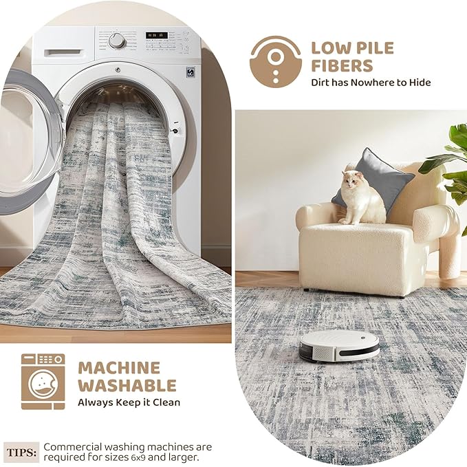Area Rug for Living Room: 4x6 Washable Neutral Abstract Modern Soft Rugs Non Slip Indoor Floor Stain Resistant Carpet for Bedroom Dining Room Office Nursery - Gray