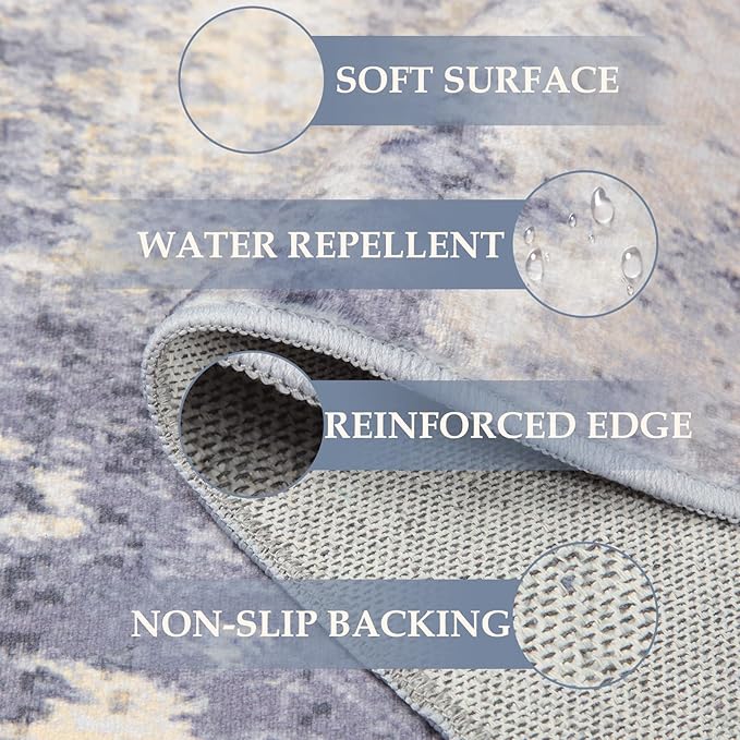 Washable Area Rugs 5'x7' Non-Slip Modern Abstract Soft for Living Room Entryway Bedroom Nursery, Print Pattern, Purple Grey Cream Yellow