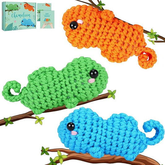 Crochet Kit for Beginners - 3 PCS Baby Chameleon Crochet Kits with Step-by-Step Video Tutorials, Beginner Crochet Kit for Adults Kids, Chameleon Crocheting Set (Orange&Blue&Green)