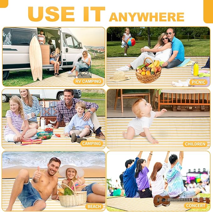 G GOOD GAIN Picnic Blankets Waterproof - Extra Large Outdoor Blanket Sand Free Foldable with Carry Strap for Beach, Camping, Park Grass, Hiking, Travel, Concerts, Indoor(Bumblebee)