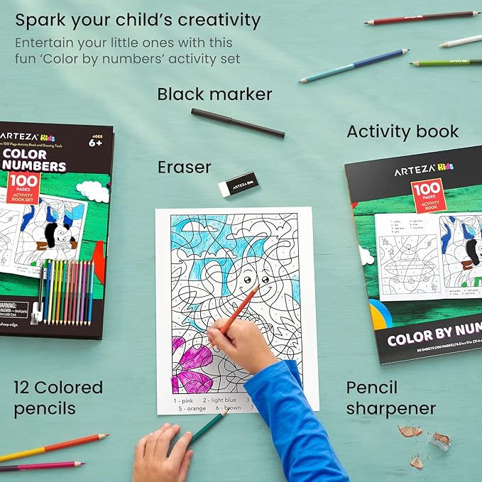 Arteza Kids Activity Book, Color by Numbers Coloring Book, 8.5 x 11 Inches, School Supplies for Ages 6 and Up, 50 Sheets, 12 Double-Ended Colored Pencils, Black Marker, Eraser, Sharpener