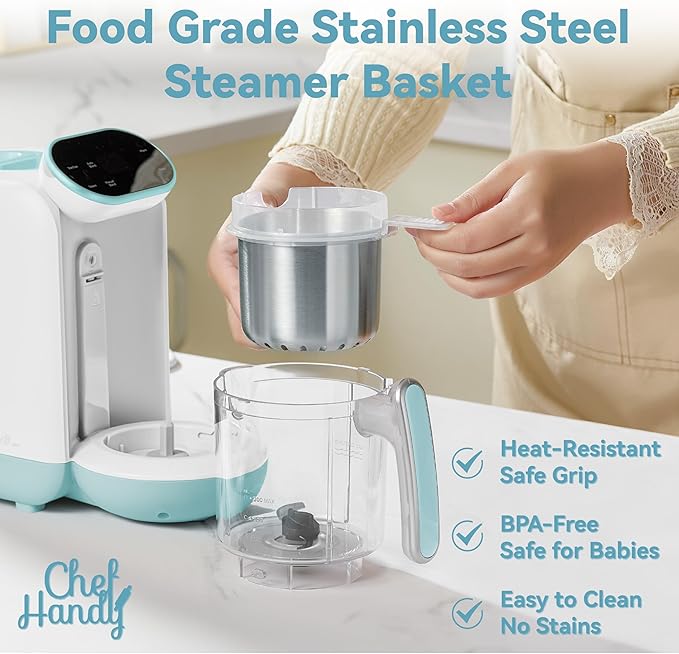 Chefhandy Baby Food Maker, Steamer & Blender, Puree Maker with Auto/Manual Blend, Steam Basket, Bottle Warmer & Sterili-zer, Compact Easy-to-Clean Baby Food Processor (White Blue)