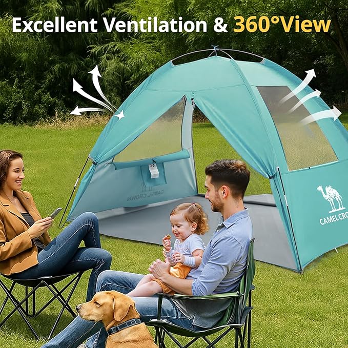 CAMEL CROWN Beach Tent UPF 50+ Sun Shelter for 2/3/5/6 Person, Lightweight Portable Sun Shade with Sand Anchor, Family Beach Day & Outdoor Adventures