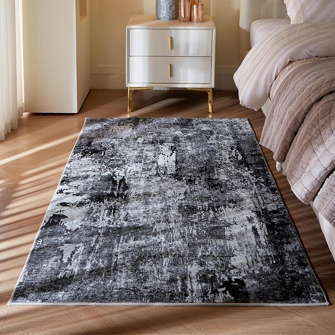 3x5 Rug Washable Boho Rug Soft Area Rug Abstract Pattern Non-Slip Non-Shedding Faux Wool Vintage Rug for Bedside, Bedroom Rug, Kitchen, Floor, Indoor, Laundry, Grey and Black