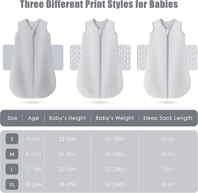 SWEET DOLPHIN Baby Sleep Sack 6-12 Months - 100% Cotton 2-Way Zipper TOG 0.5 Infant Wearable Blanket, Newborn Essentials Toddler 3 Pack Sleeping Sacks - Grey