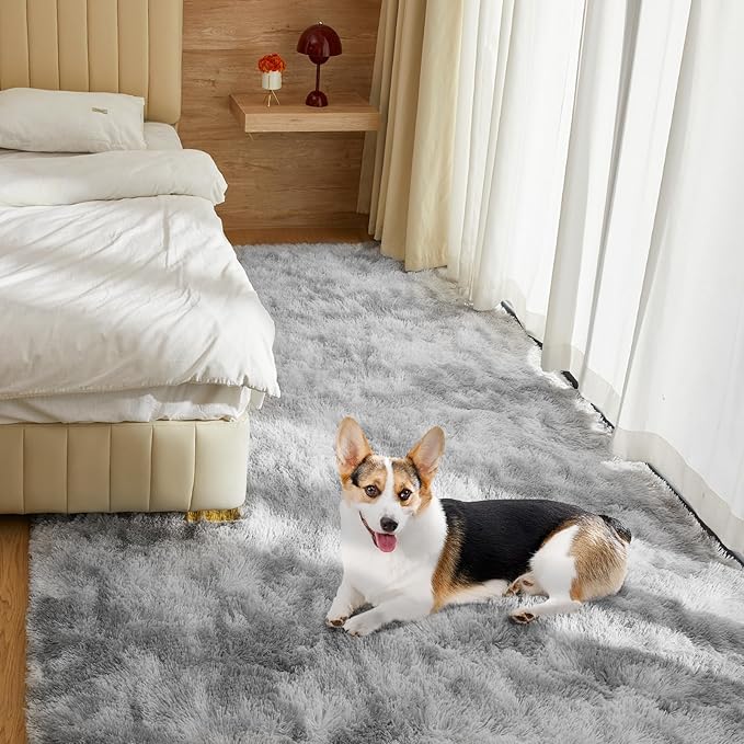 Ultra Soft Rug for Living Room, 9X12 Fluffy Shag Area Rug for Bedroom, Modern Shaggy Carpets Fuzzy Rug for Teens Dorm Nursery Home Decor Aesthetic, Upgrade Anti-Skid Durable, Tie-Dyed Light Grey