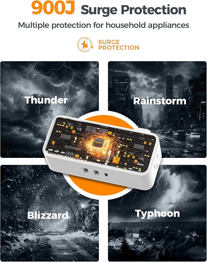 Flat Plug Extension Cord 25 ft, TESSAN Surge Protector Power Strip with 4 AC Outlets 1 USB C and 2 USB A Ports, 900 Joules Protection, Multiple Wall Outlet Extender for Home Office Dorm Essentials