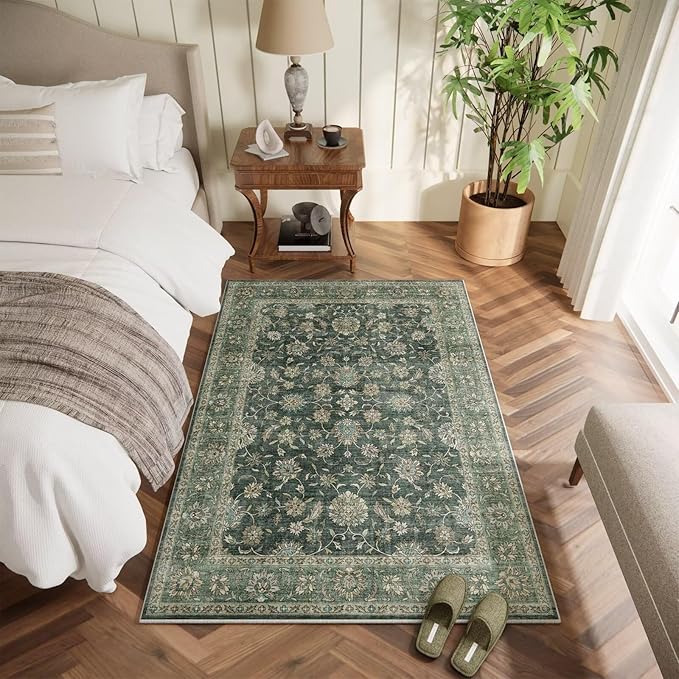 Washable 4x6 Rugs for Living Room, Boho Non-Slip Silicone Backing Small Rugs for Bedroom Nursery Office, 0.3" Neutral Oriental Throw Carpet with 0.16" Cushioning Pad, Sage Green/Multi