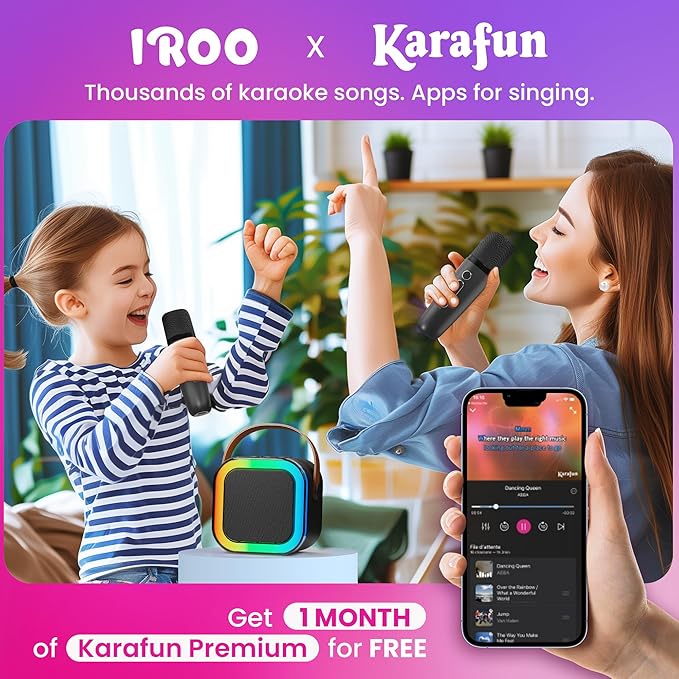 IROO Mini Karaoke Machine for Kids, 2025 TOP Toys Birthday Gifts Ideas for Girls Ages 4, 5, 6, 7, 8, 9, 10, 12+ Years Old, Portable MP3 Player with 2 Wireless Mics for Party(Black)