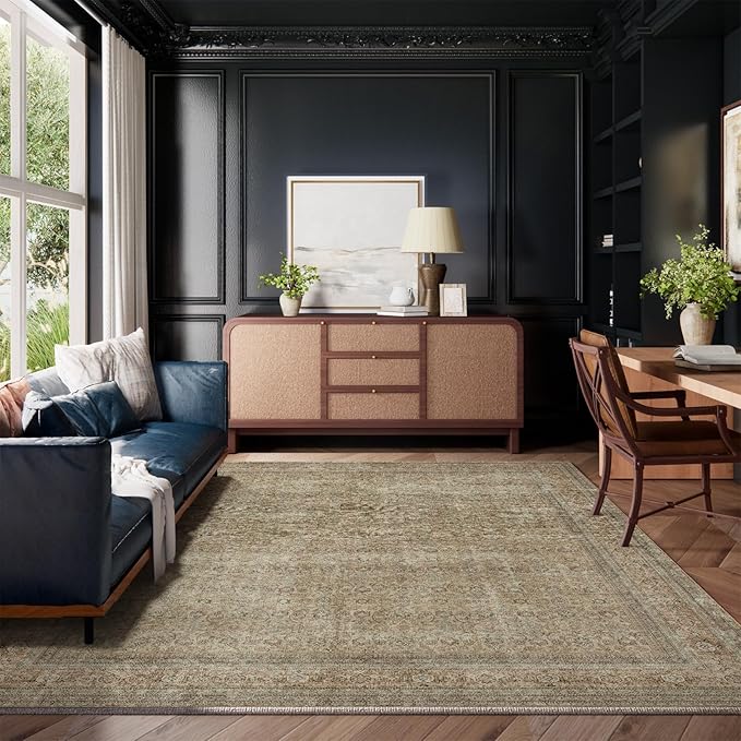 Washable Area Rugs for Living Room: 8x10 Bedroom Rug Boho Vintage Rugs Stain Resistant Non Slip Low Pile Lightweight Soft Carpets for Dining Room Kitchen Nursery Kids Room Farmhouse Living Room