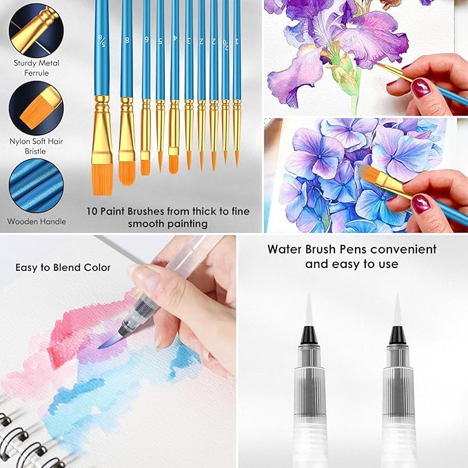 Taotree Watercolor Paint Set, 48 Colors Watercolors Kit Water Colors with 10 Paint Brushes, Brush Pens, Palette, Drawing Pad, Painting Supplies, Christmas Gifts for Teen Girls Boys Kids Adults Artist