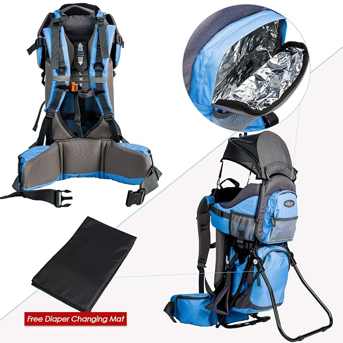 ClevrPlus Canyonero Camping Baby Backpack Hiking Kid Toddler Child Carrier with Stand and Sun Shade Visor, Blue