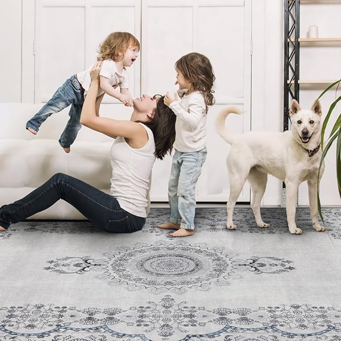 9x12 Area Rug Living Room Rugs, Stain Resistant Washable Rug, Vintage Large Non-Slip Backing, Low Pile Lightweight Print Rug for Bedroom Dinning Room Home Office (Grey/Blue)