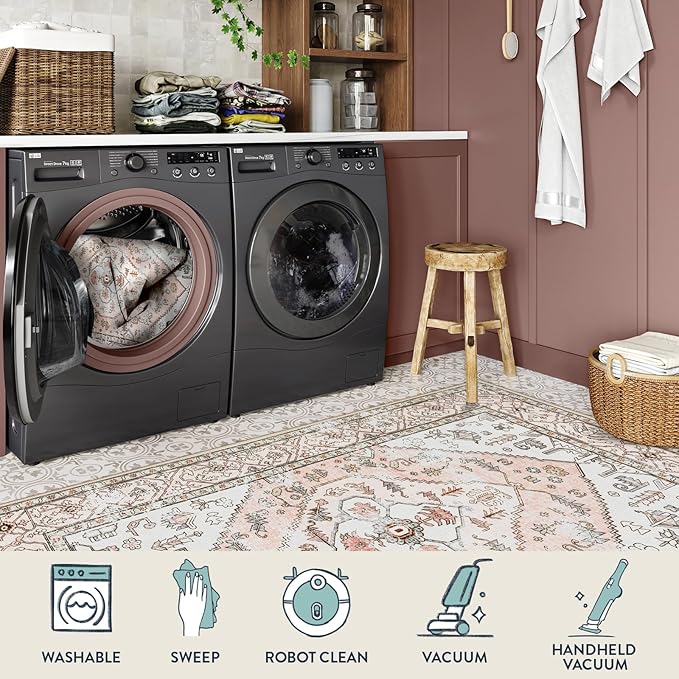 Lahome Boho Washable Living Room Area Rug - 3x5 Small Pink Rugs for Bedroom Non-Slip Throw Nursery Kids Room Rug, Vintagel Print Carpet Rug for Kitchen Office Bathroom Laundry Room (Pink, 3'x5')