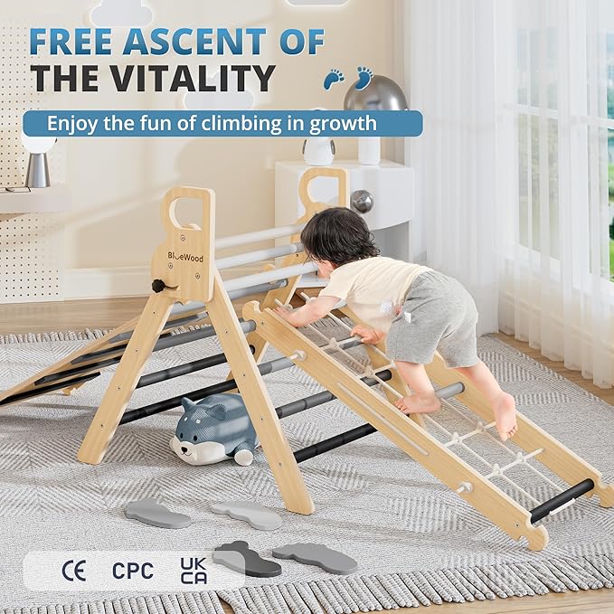 BlueWood 10-in-1 Pikler Triangle Set, Toddler Climbing Toys Indoor, Montessori Climber, Baby Jungle Gyms with Arch, Extra Rope Ladder & Footprint Balance Beam - Grey Twilight