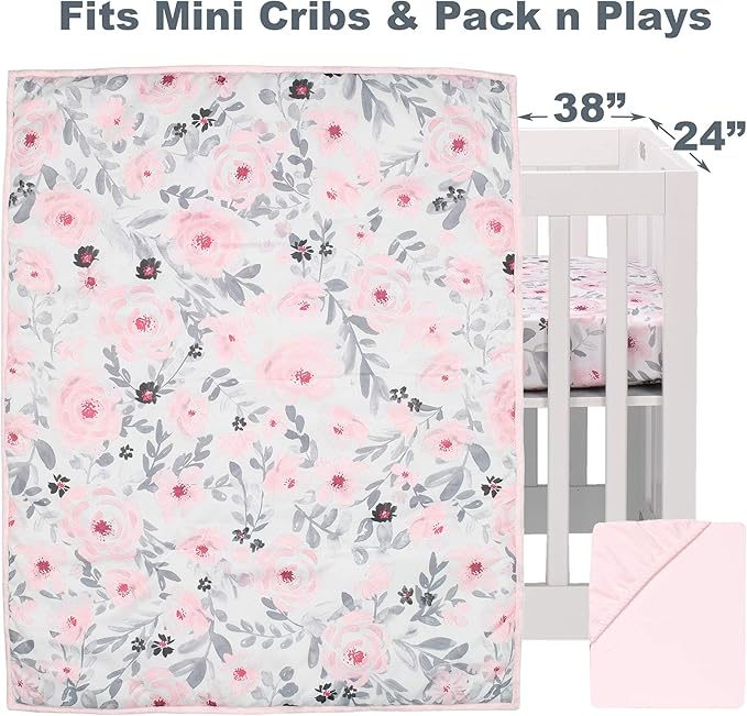 Bedtime Originals Blossom Pink Watercolor Floral 3-Piece Mini Crib Bedding Set