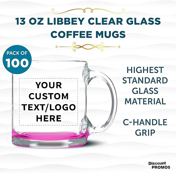 Custom Libbey Clear Glass Coffee Mugs 13 oz. Set of 100, Personalized Bulk Pack - Perfect for Coffee, Tea, Espresso, Hot Cocoa, Other Beverages - Pink Bottom