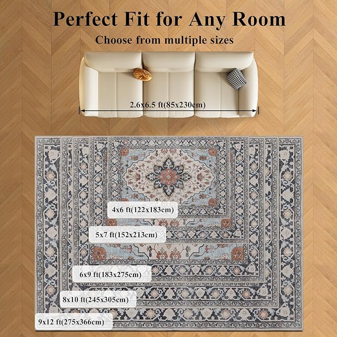 Washable Rugs 5x7 Area Rugs for Living Room, Thin Carpet for Bedroom, Soft Faux Wool Retro Dining Room Rug，Non Slip&Non-Shedding Resistant Low Pile Vintage Print Rug for Home Office (Blue/Gray)