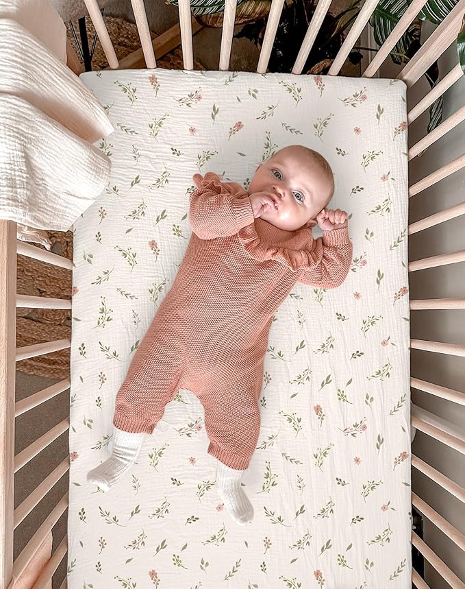 Bassinet Sheet for Baby Boy Girl 2 Pack, Fitted Sheets for Rectangle, Oval, Hourglass Bassinet Mattress, Muslin Moses Basket Sheets (Petal Leaf & Pink, Bassinet Sheet)