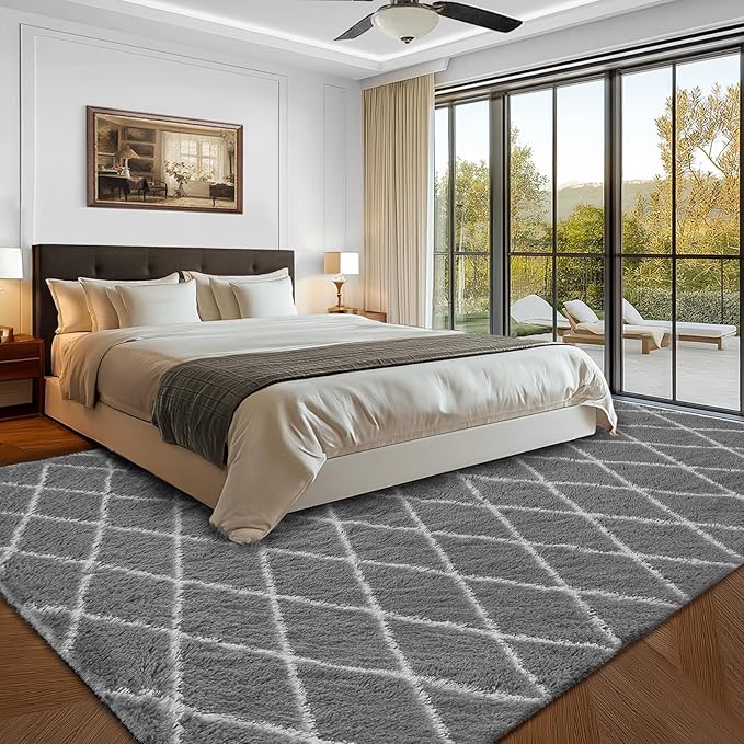 Fluffy Rug for Bedroom, 5X7Feet Stripe Checkered Rug Anti-Skid High Pile for Living Room Bedroom Kids Room Nursery, Dorm Home Decor