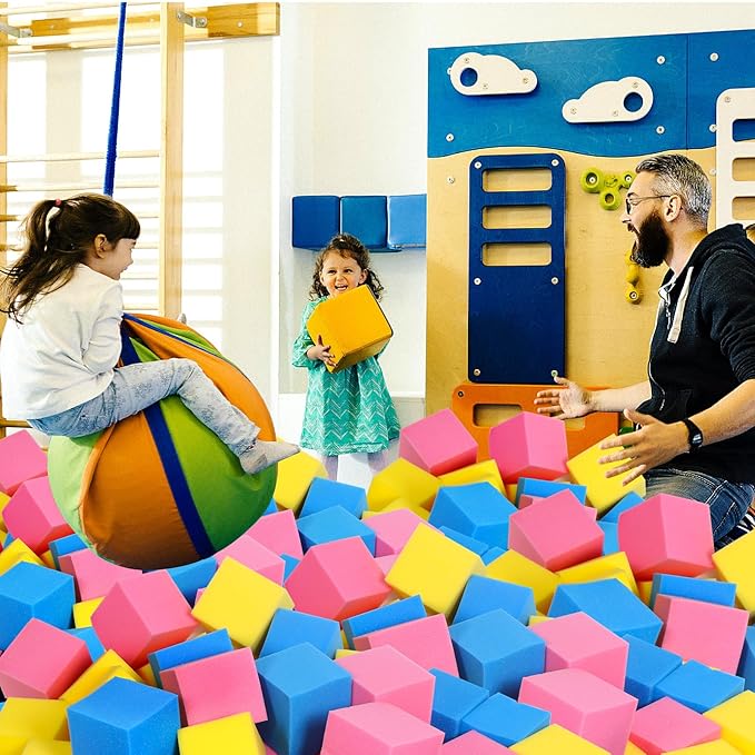 Foam Pit Cubes - 36 PCS 5 Inches Gymnastics Foam Blocks Trampoline Blocks, Multi-Sport Protective Padding for Gymnastics, Trampoline, Parkour, Skate Parks & BMX- Pink & Yellow & Dark Blue