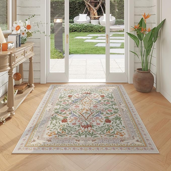 Bedroom Rug 3x5 Rug Washable Area Rug Non Slip Low Pile Vintage Floral Botanical Small Carpet for Bedroom, Bedside, Kitchen, Entryway, Kids Room, Office, Beige